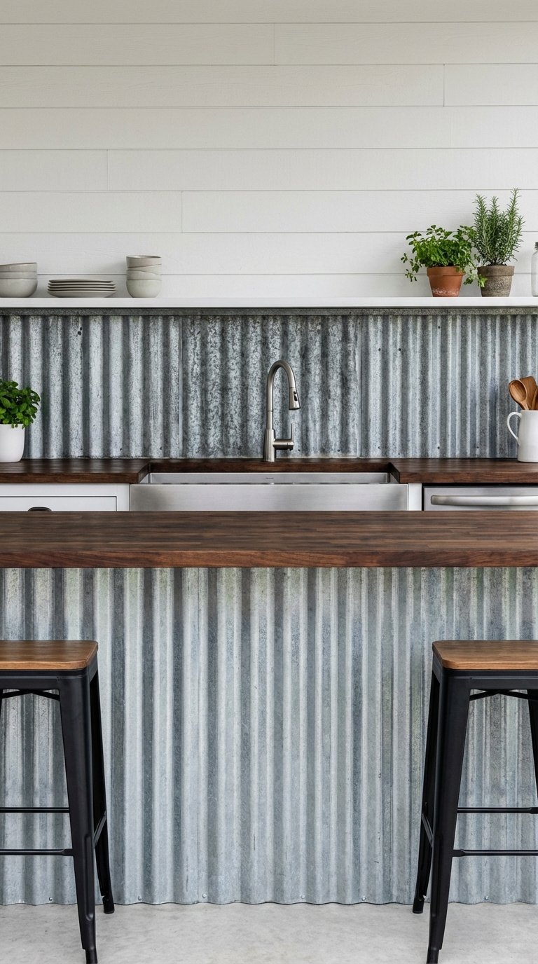 Outdoor Kitchen Modern Farmhouse 11 Stunning Design Ideas 11 Galvanized steel backsplash and island facing with dark butcher block countertop industrial design