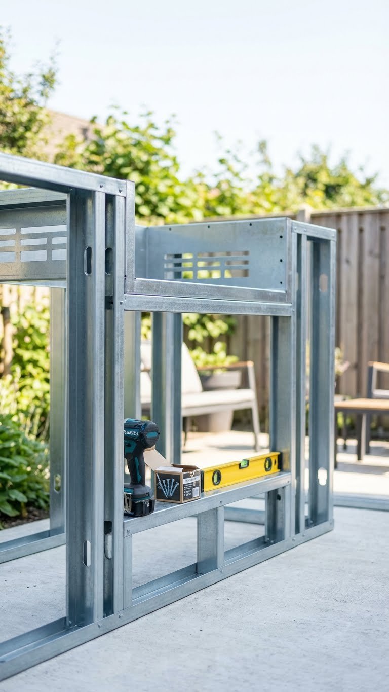 Outdoor Kitchen With Blackstone Griddle Complete Build Guide 5 Galvanized steel stud frame assembly for outdoor kitchen with Blackstone griddle cutout on concrete slab