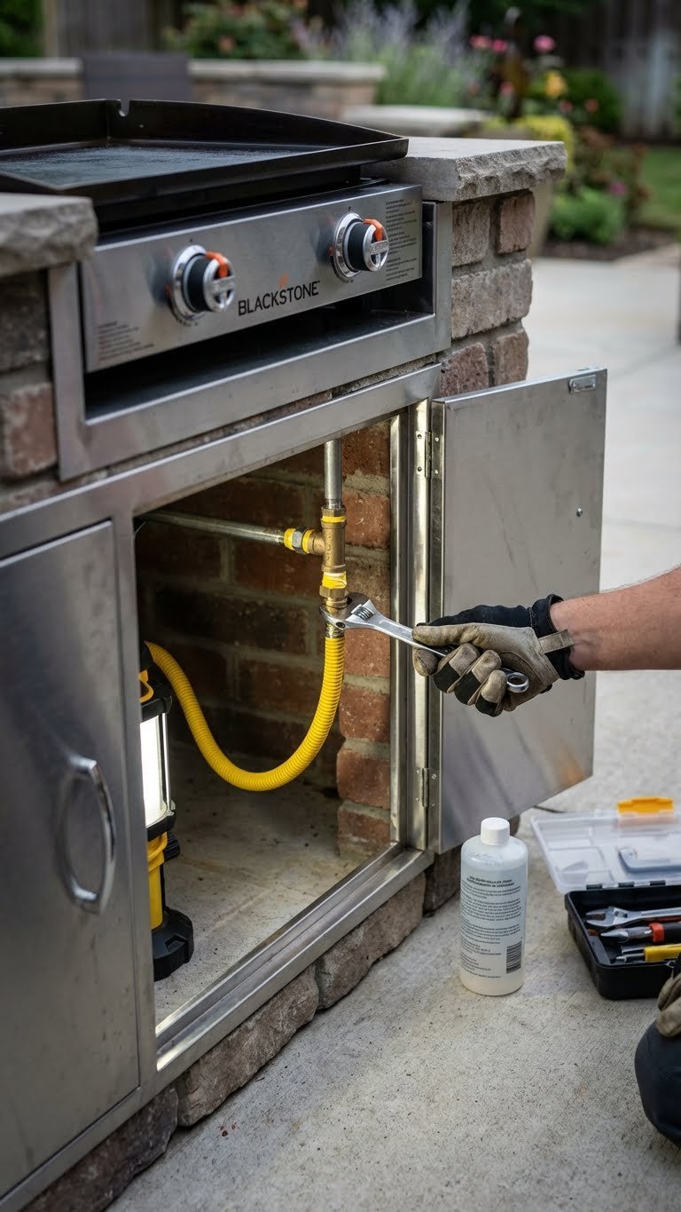 Outdoor Kitchen With Blackstone Griddle Complete Build Guide 15 Gas technician connecting flexible gas line to Blackstone griddle inside outdoor kitchen island