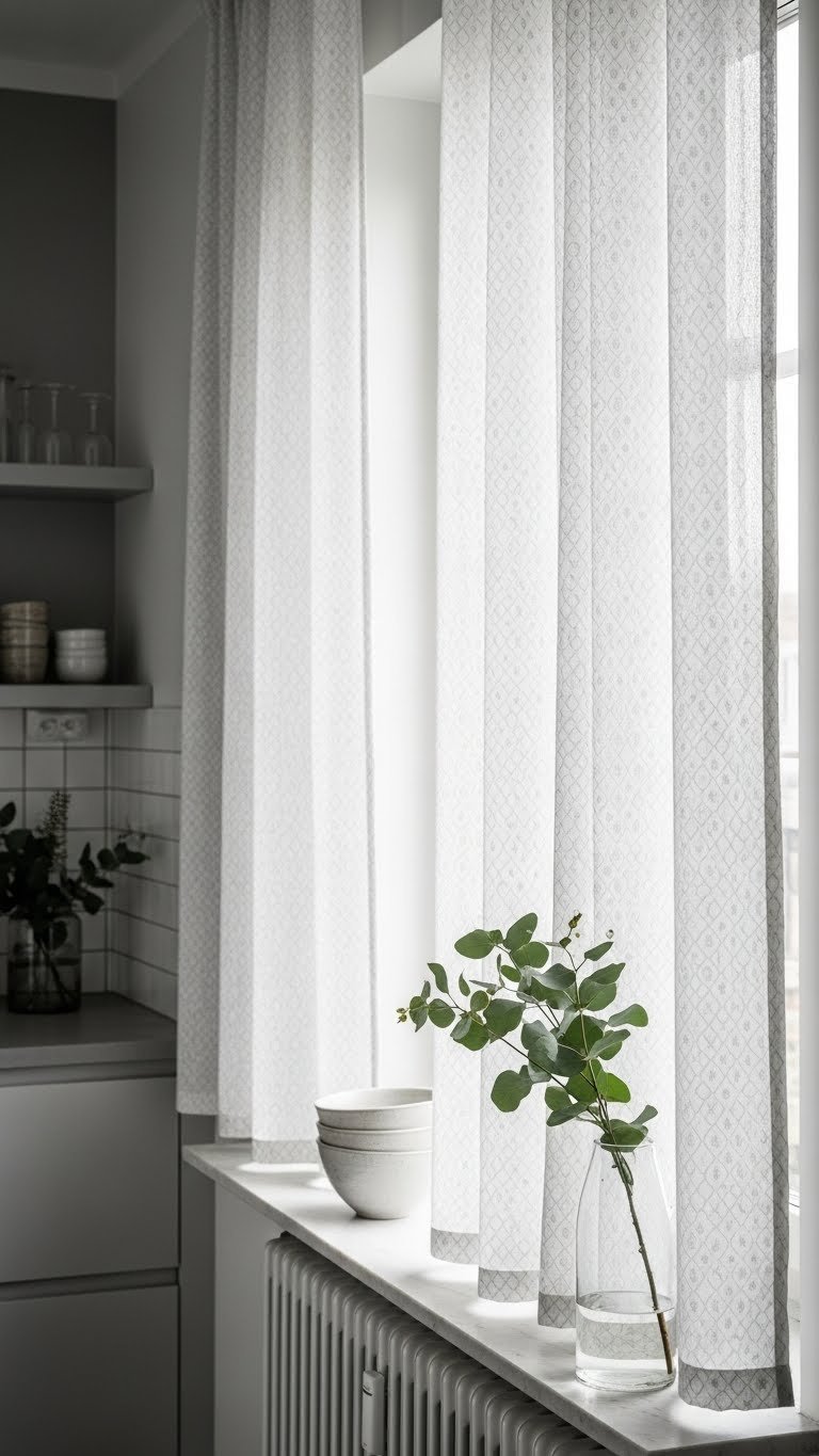 Geometric patterned curtains in contemporary Scandinavian kitchen with light concrete countertops and open shelving