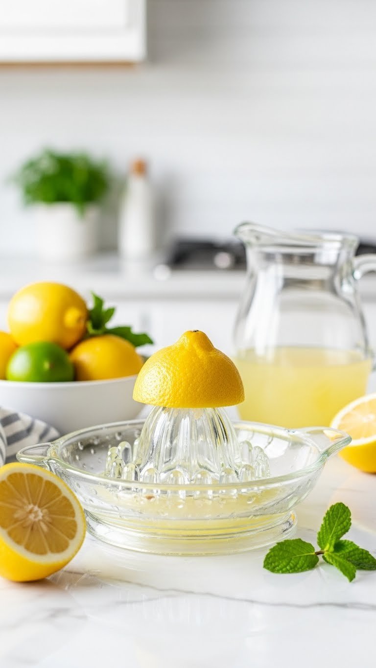 Glass citrus juicer pressing lemon halves with fresh juice collection on white countertop