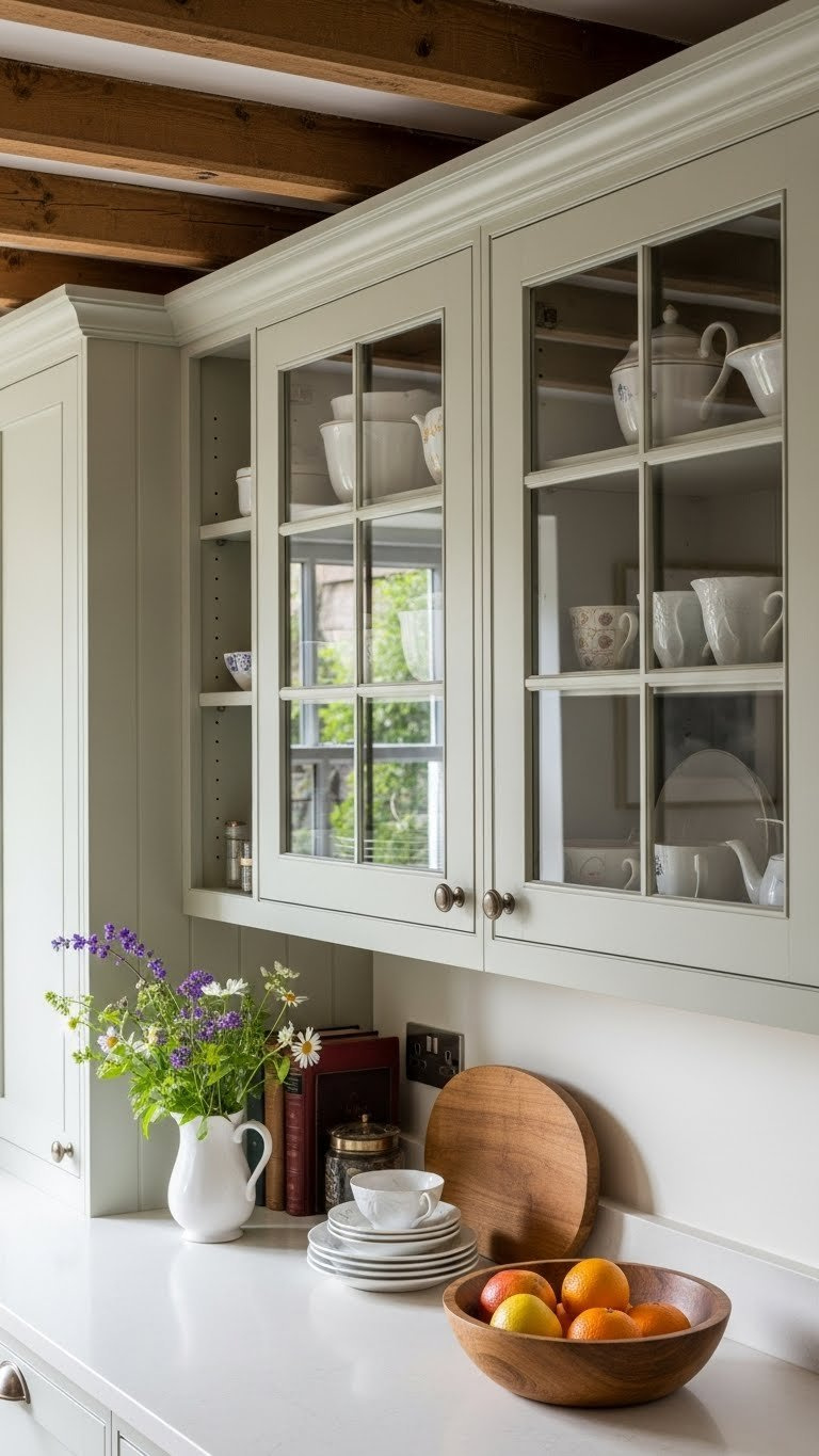Small Cottage Kitchen: 9 Genius Ideas To Maximize Charm 9 Glass-front cabinets displaying vintage white dishware against reclaimed timber ceiling in cottage kitchen