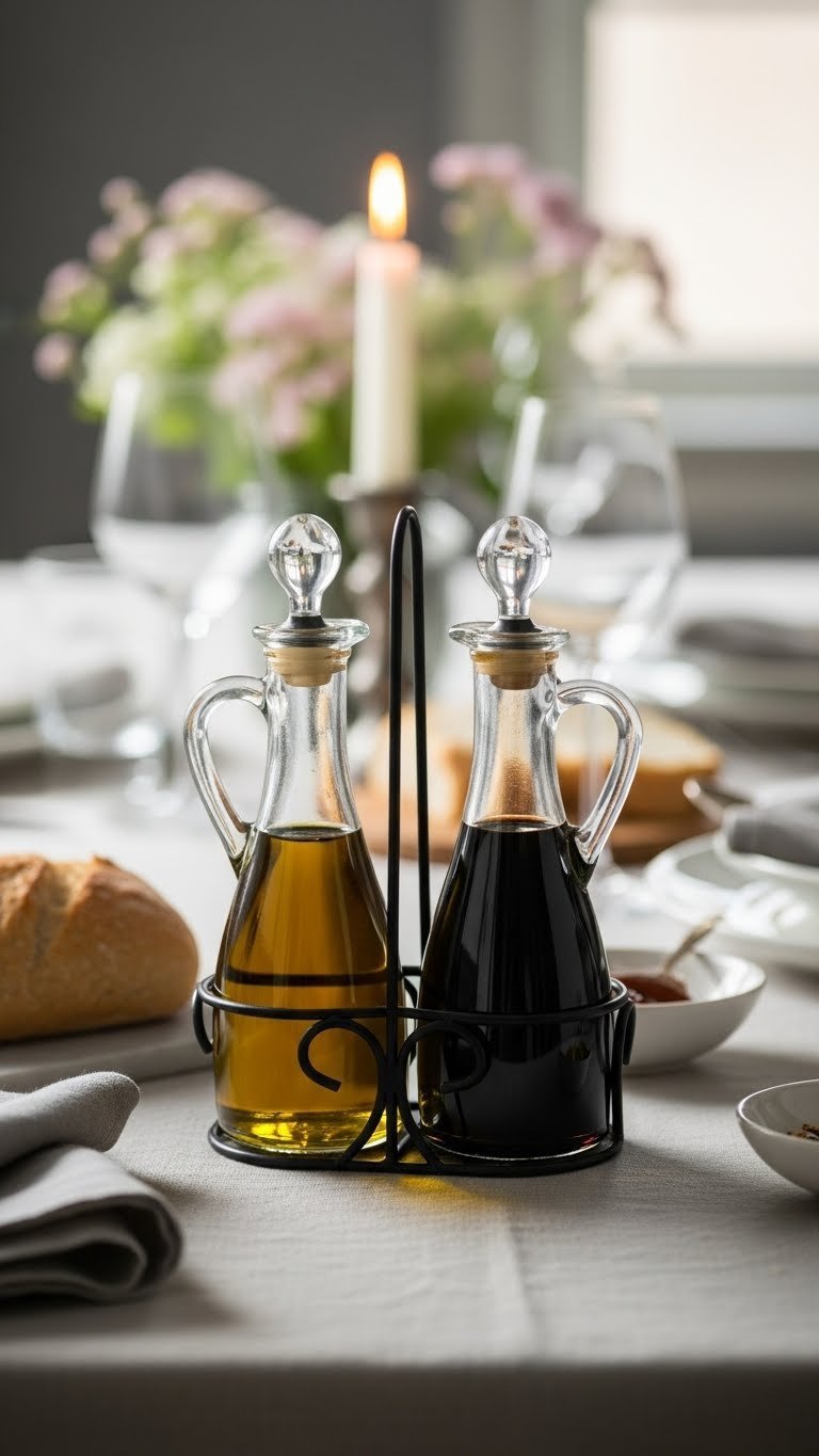 Glass oil and vinegar cruet set in wrought iron caddy on linen tablecloth with bread