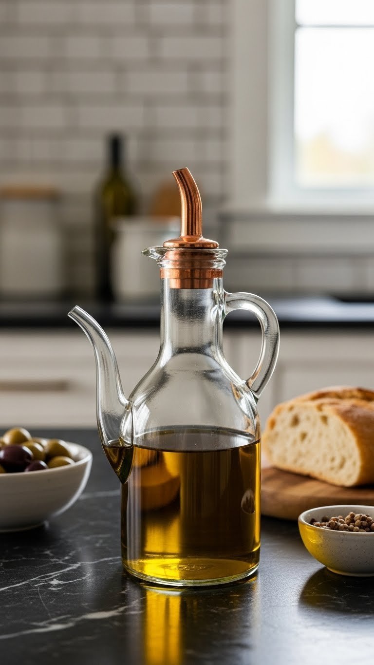 Glass olive oil cruet with copper spout on Italian marble countertop with bread and olives