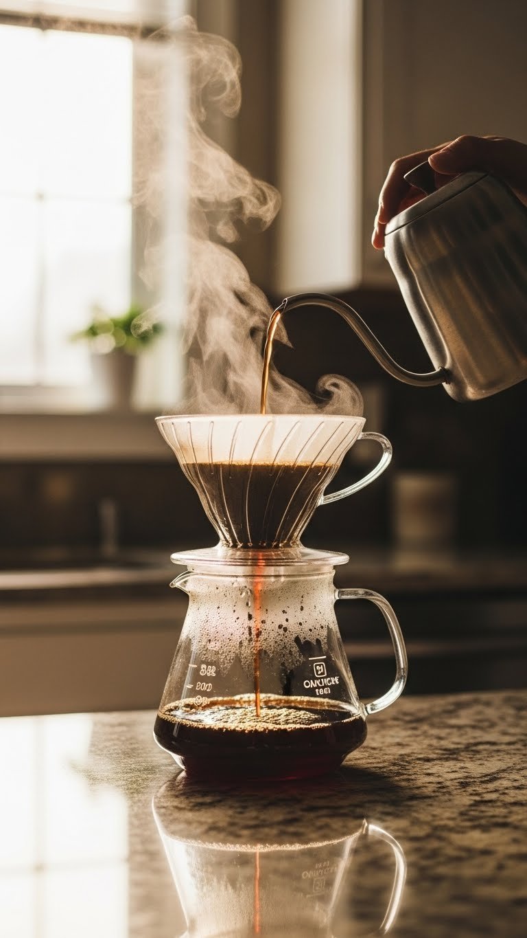 Kitchen Gadgets Asmr: 7 Essential Satisfying Sounds 11 Glass pour-over coffee maker dripping hot water through grounds with steam rising on granite countertop