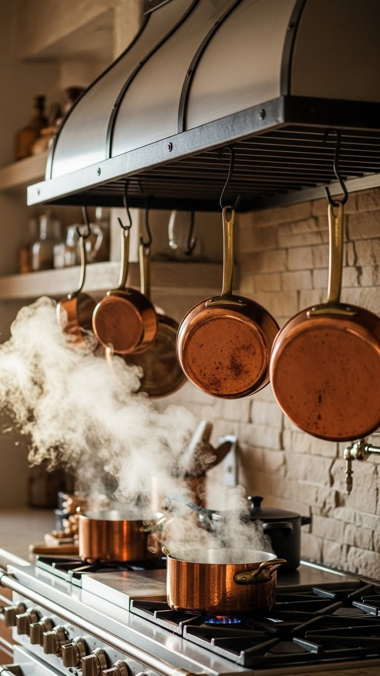 Gleaming copper pots hanging from black wrought iron rack above professional kitchen stove with steam
