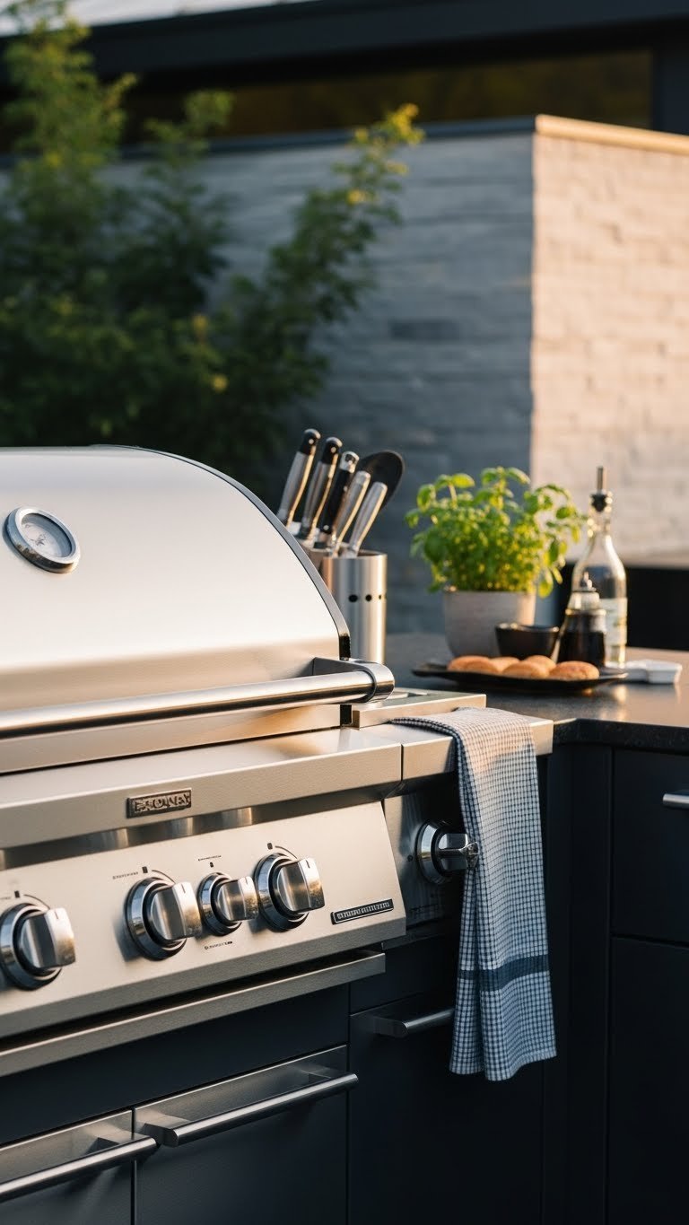 Mastering Luxury Outdoor Kitchen Design: 7 Essential Elements 3 Gleaming professional-grade stainless steel outdoor grill integrated into a dark granite countertop with grilling tools and herb plant.