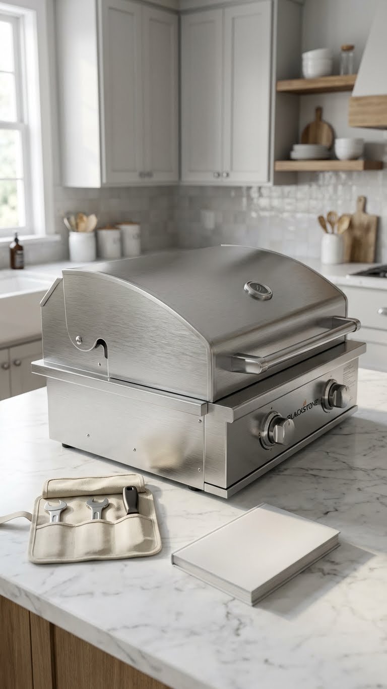 Outdoor Kitchen With Blackstone Griddle Complete Build Guide 7 Gleaming stainless steel Blackstone drop-in griddle unboxed on marble countertop with toolkit nearby