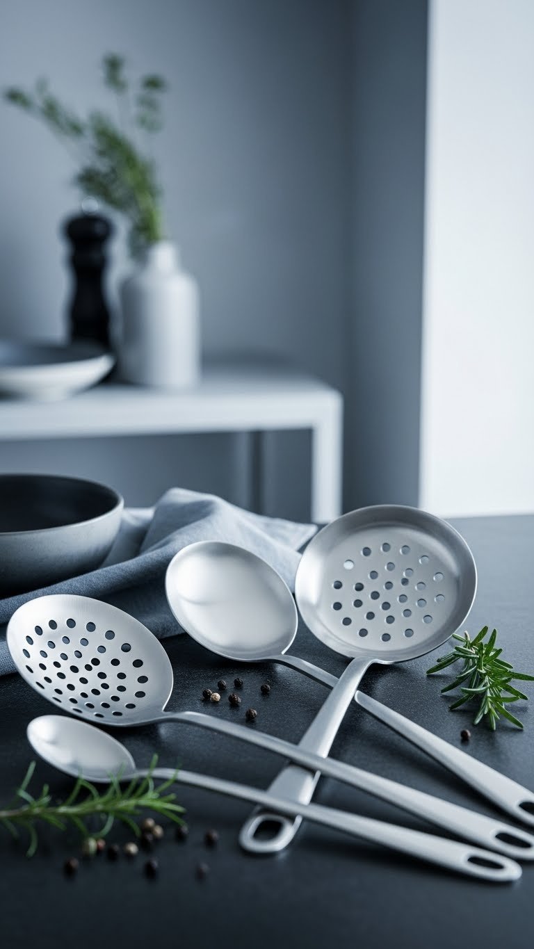 Gleaming stainless steel cooking utensils arranged on dark stone surface with elegant minimalist design