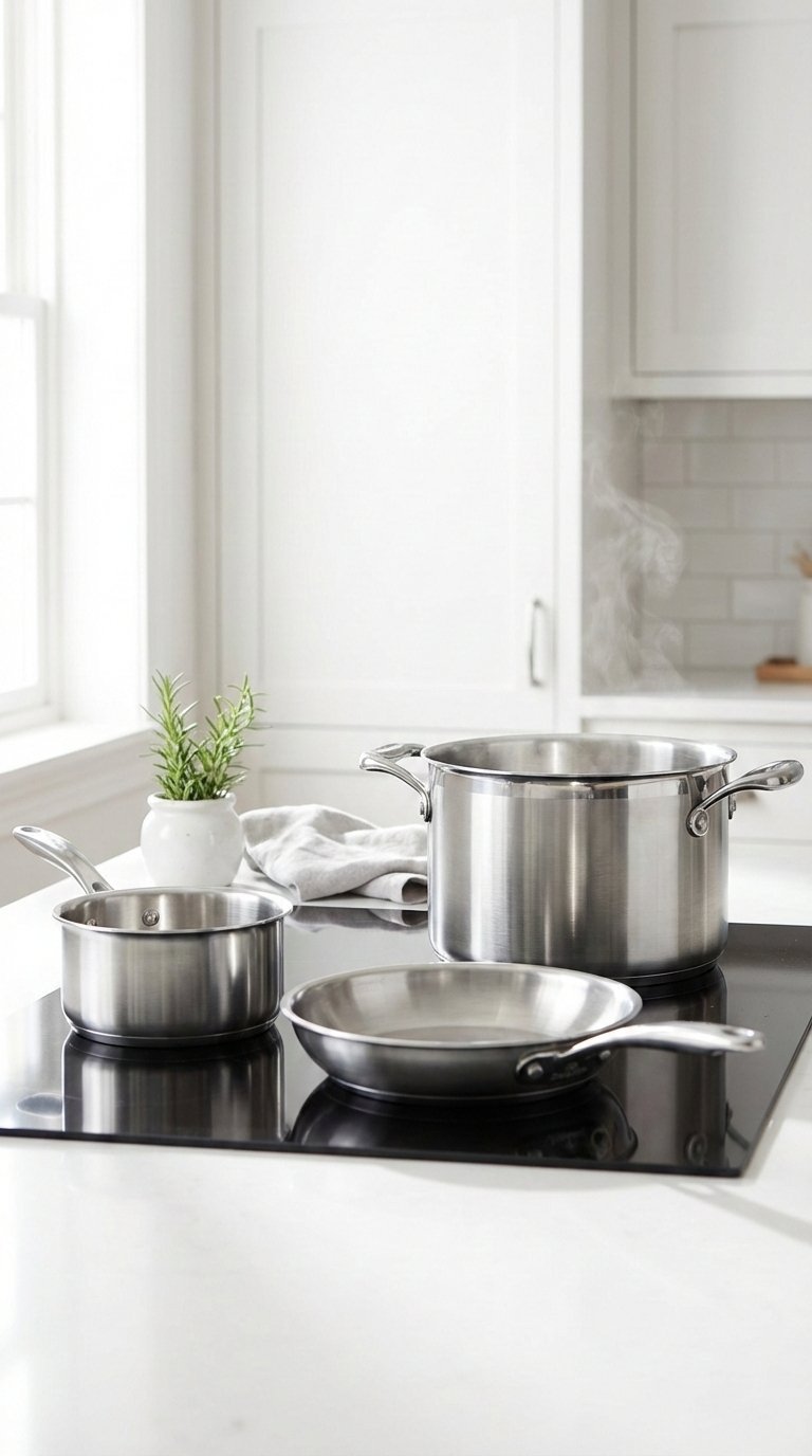 Gleaming stainless steel cookware set arranged on modern induction stovetop with fresh herbs and soft bokeh background