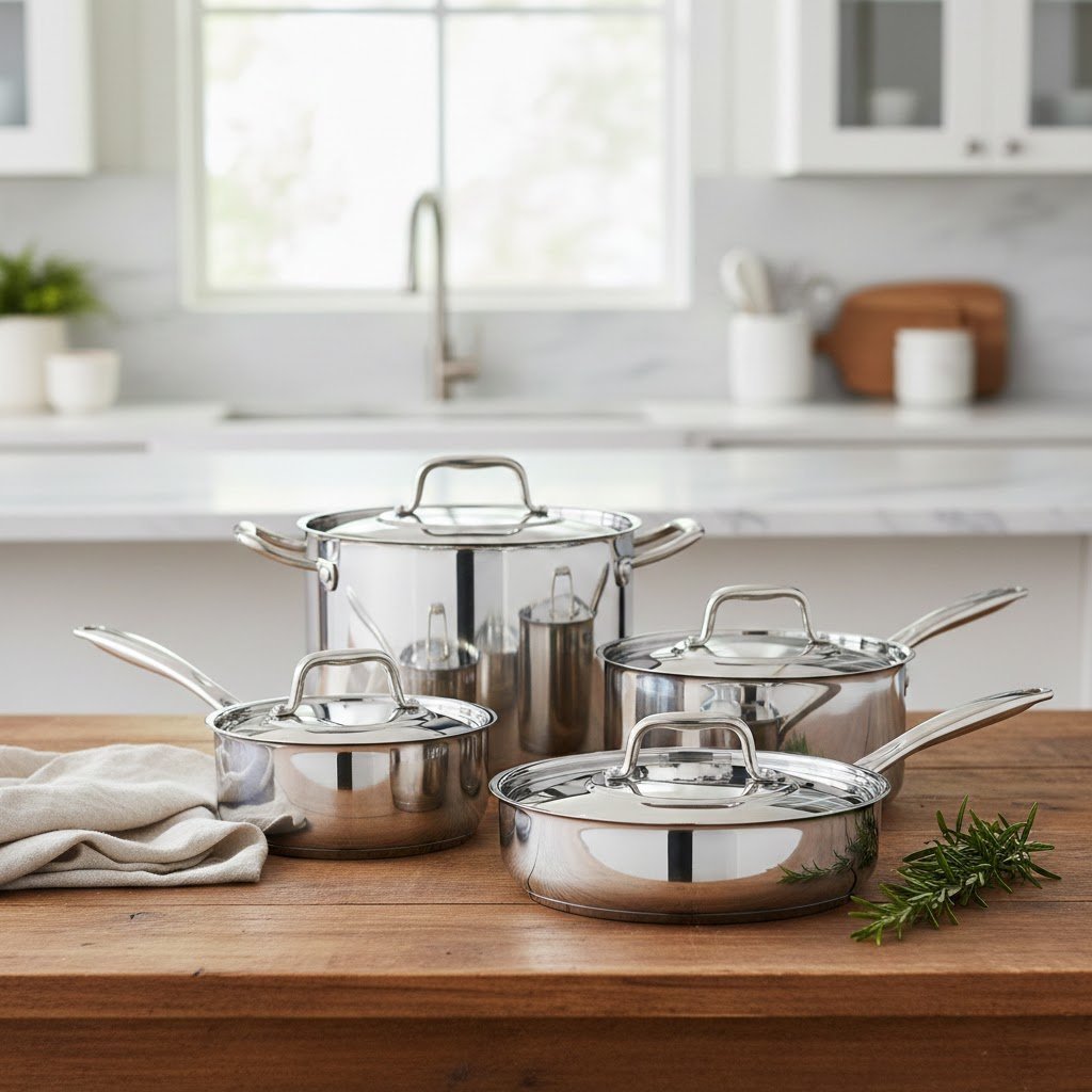 Gleaming stainless steel tri-ply clad cookware set arranged symmetrically on rustic wooden table with soft bokeh background.