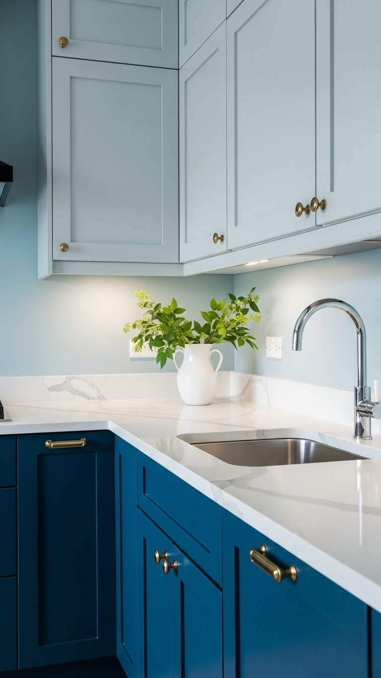 Gleaming white marble countertops contrasting beautifully with navy blue kitchen cabinets reflecting ambient light.