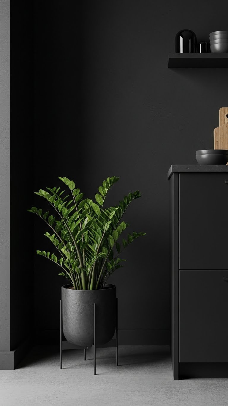 Glossy ZZ Plant (Zamioculcas zamiifolia) in a dark gray pot, complementing a moody dark kitchen with black cabinets.