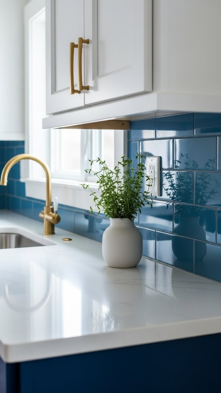 Glossy blue subway tile backsplash reflecting natural light with white quartz countertops and navy blue kitchen cabinets.