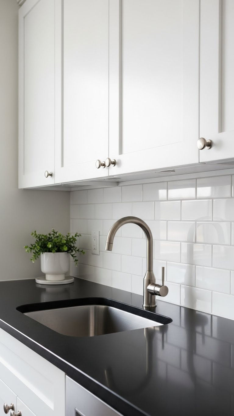 Small Kitchen Dark Countertops: 7 Ways To Transform Your Space 3 Glossy white subway tile backsplash reflecting light above polished black quartz countertop with stainless steel faucet