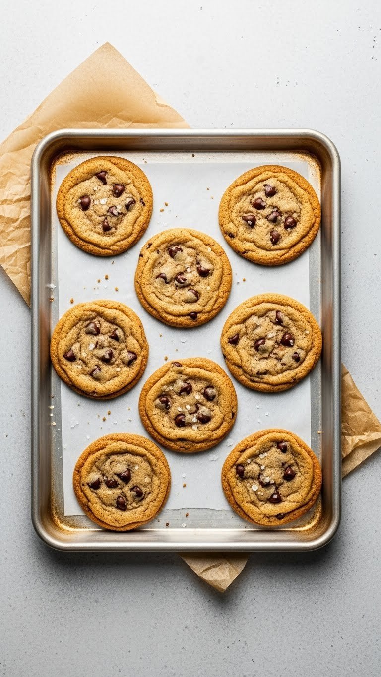 Golden-brown chocolate chip cookies cooling on aluminum baking sheet top-down view