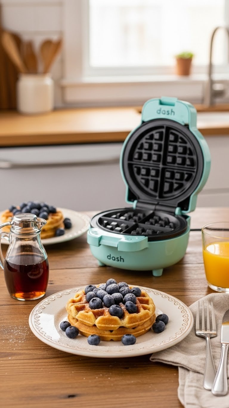 Golden-brown mini waffle with blueberries and powdered sugar next to aqua Dash waffle maker on vintage plate