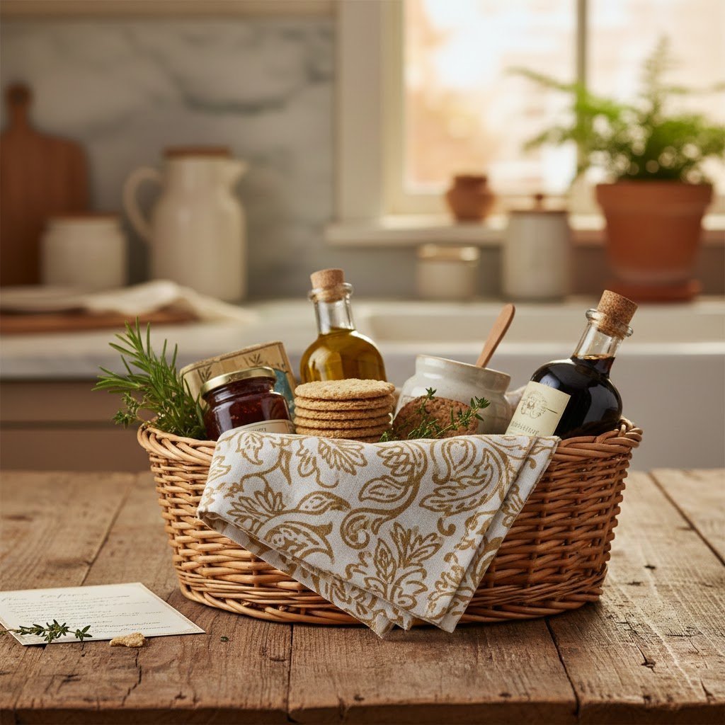 9 Kitchen Hand Towel Gift Ideas: Unique &Amp; Thoughtful 5 Gourmet gift basket with artisanal foods and patterned tea towel on rustic wooden table.
