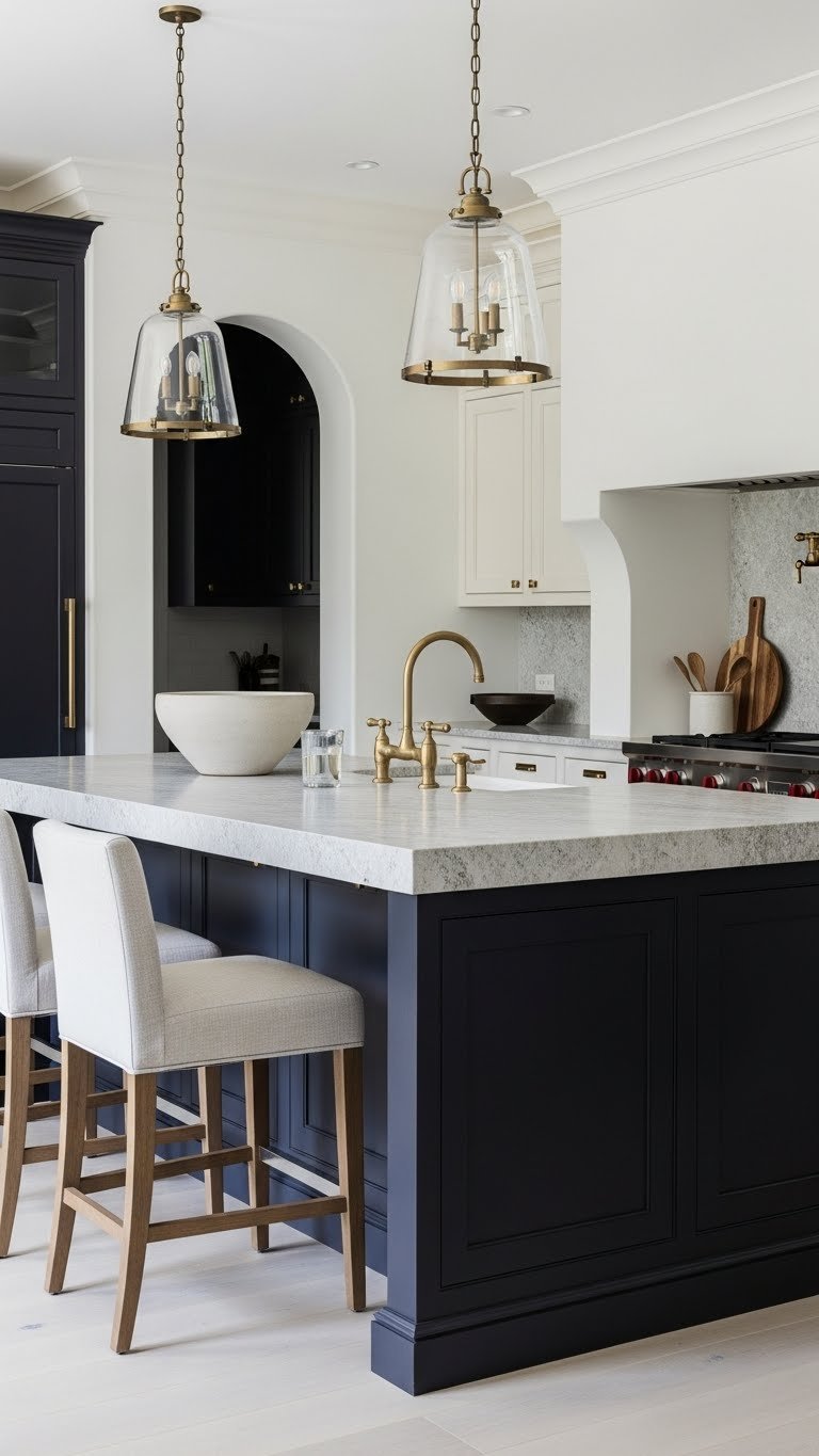 Old Money Kitchen Aesthetic Dark: 9 Luxury Design Ideas 9 Grand dark kitchen island with custom dark blue cabinetry, honed natural stone top, and linen bar stools.