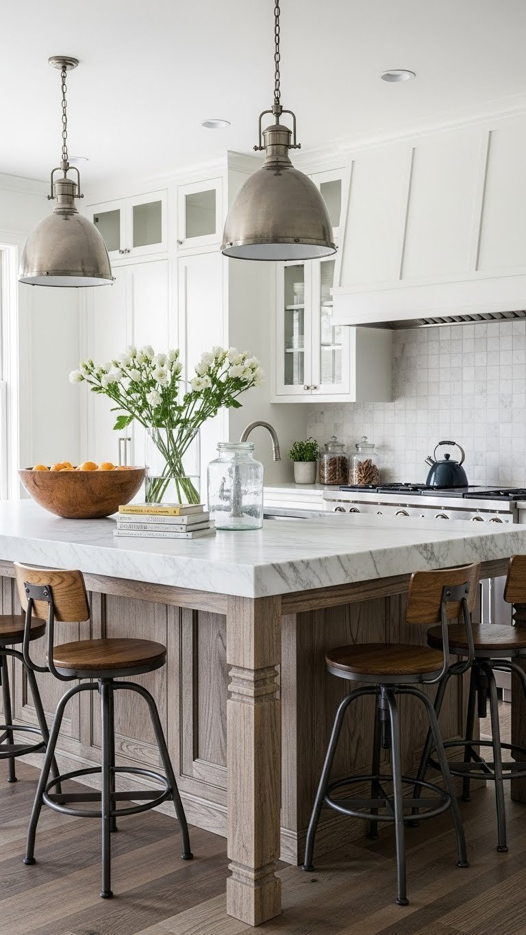 Grand kitchen island with statement marble slab on rustic wood base surrounded by vintage bar stools