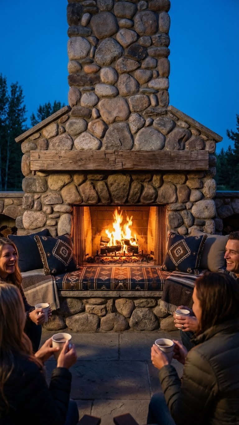 Grand rustic outdoor stone fireplace with roaring fire at night and cozy built-in seating area.
