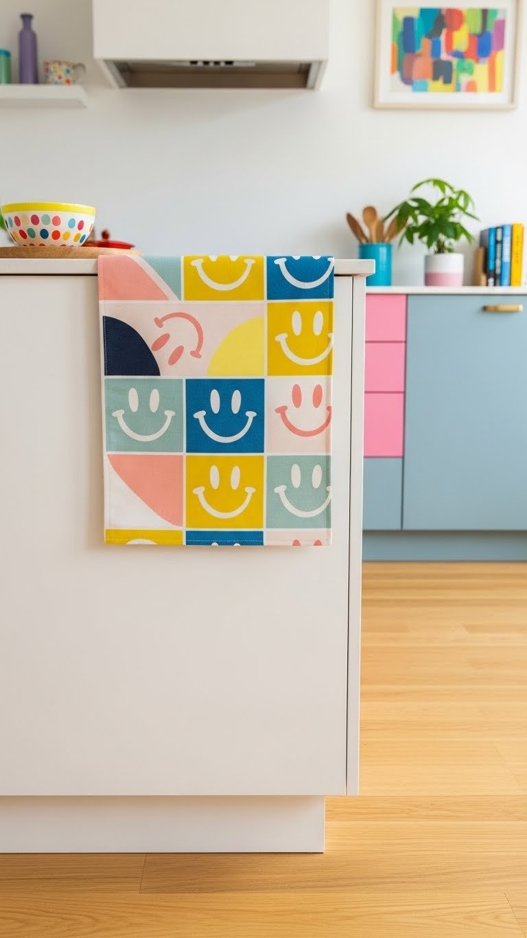 Graphic pattern scandi kitchen runner with playful muted colors on light wood floor in modern kitchen