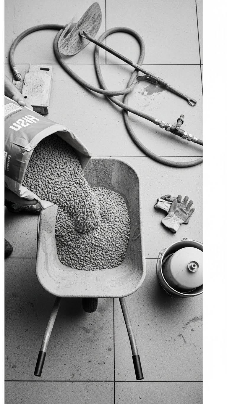 Outdoor Kitchen Concrete Countertops Complete Diy Guide 5 Gray concrete mix being poured from bag into wheelbarrow with mixing tools on patio