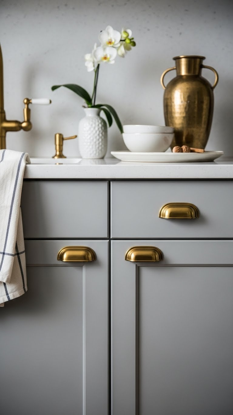 Gray kitchen cabinets with elegant brass hardware and gold-toned accents against soft gray backdrop