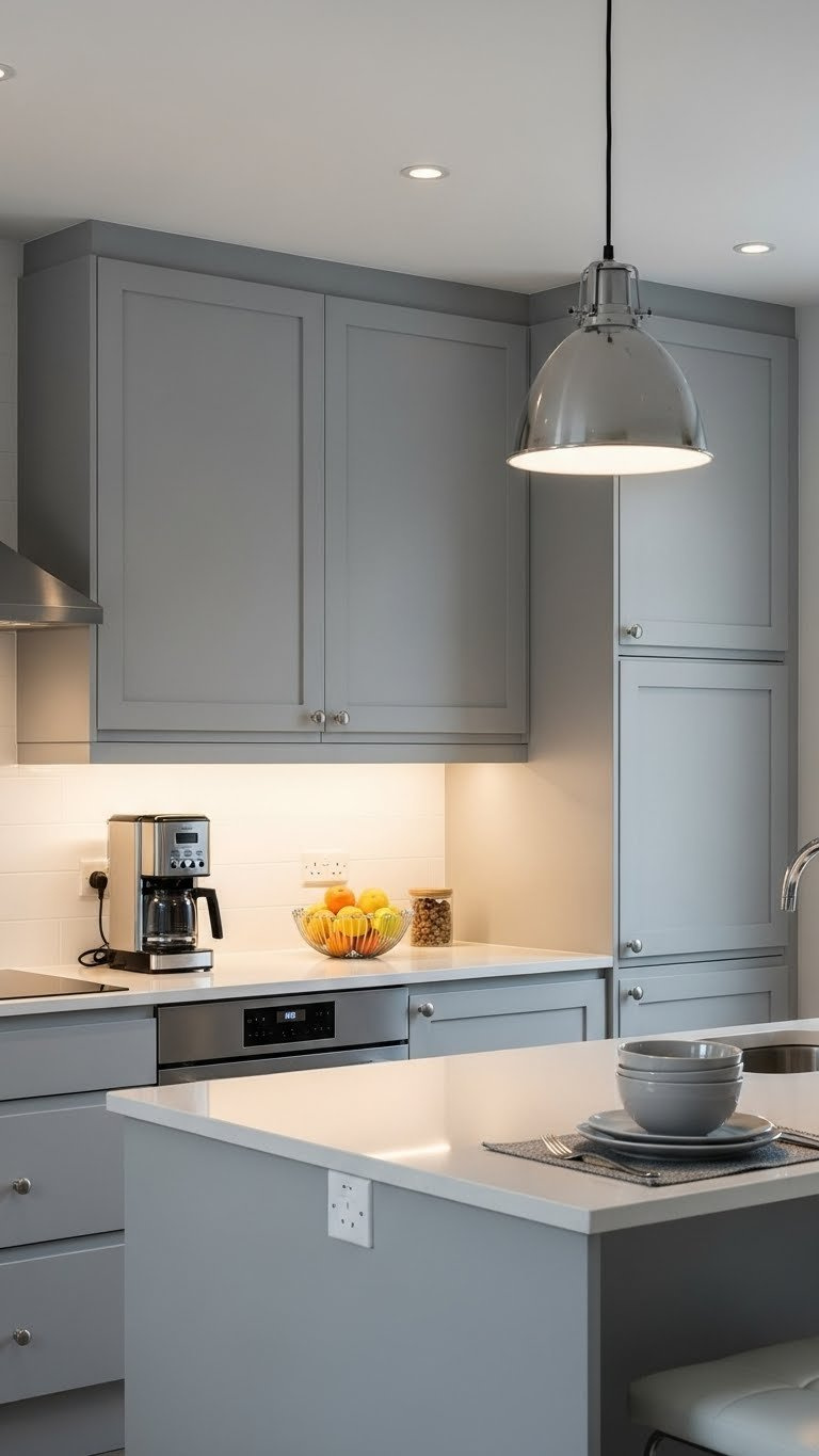 Gray kitchen with layered lighting including recessed ceiling lights and under-cabinet LED illumination