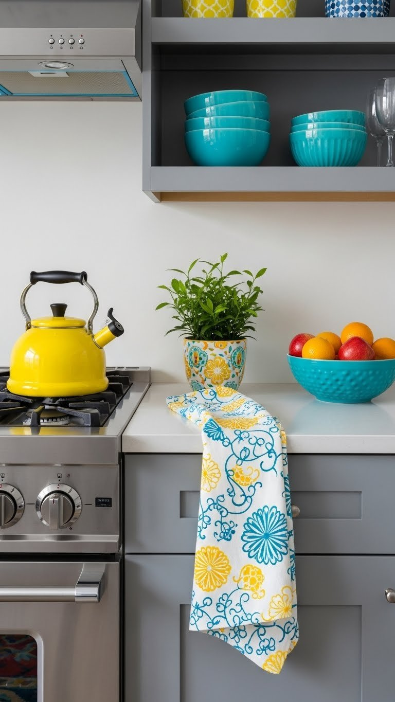 Gray kitchen with vibrant yellow tea kettle and colorful accents creating cheerful contrast