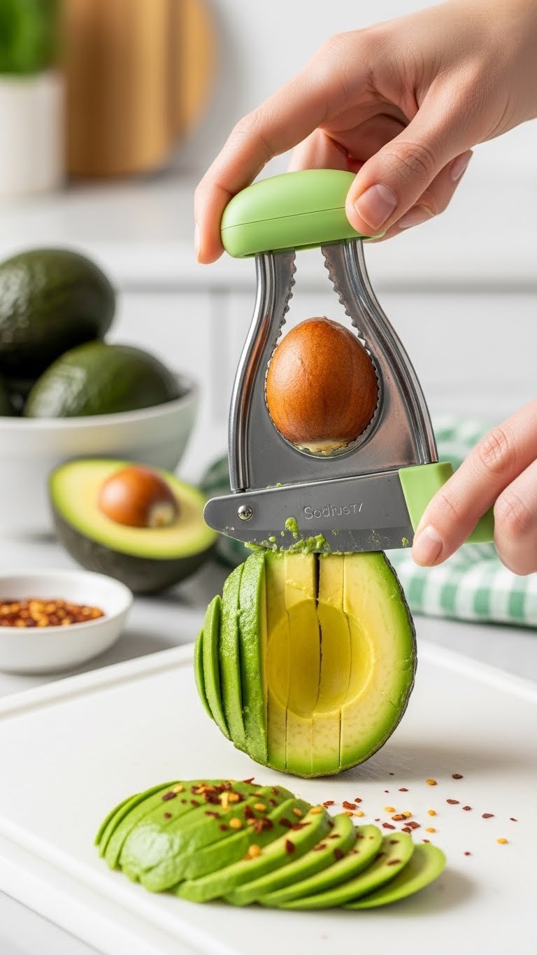 Green avocado being sliced by 3-in-1 gadget showing cleanly separated pit and fanned slices on white cutting board