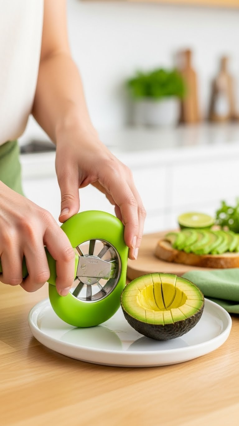 Green avocado slicer creating perfect slices from a halved avocado on a white ceramic plate