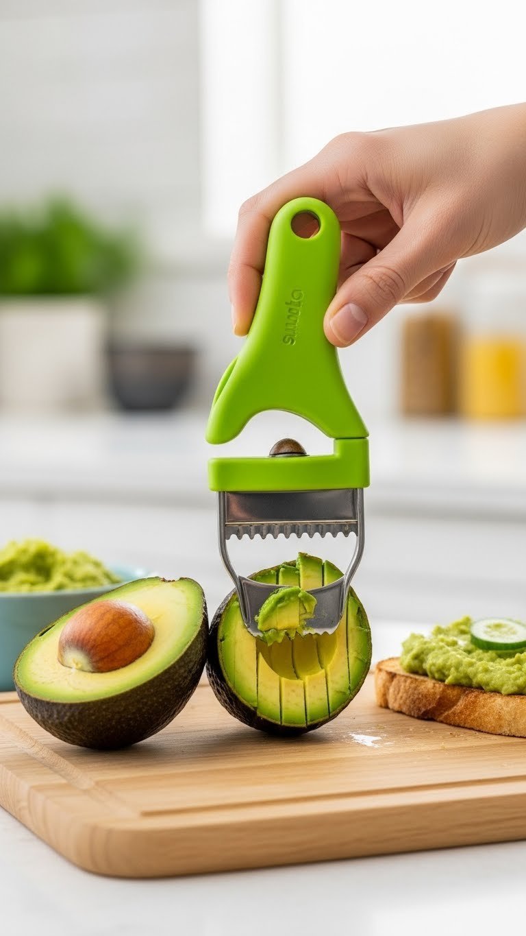Green multi-functional avocado slicer cutting ripe avocado on wooden cutting board with soft bokeh background