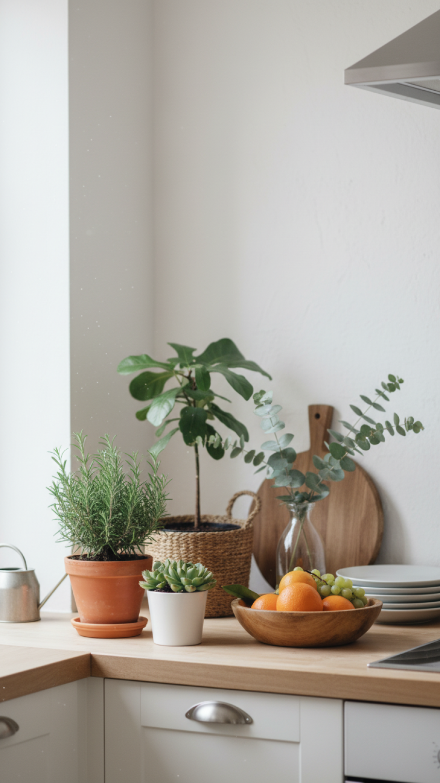 Greenery-filled scandi kitchen with potted herbs and fresh branches blending natural elements harmoniously