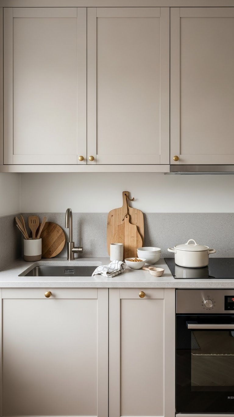 Greige kitchen cabinets with stone countertops featuring light wood cutting boards and white ceramics in soft natural window light.