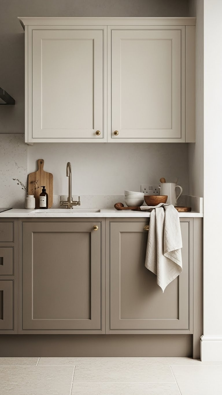 Greige lower cabinets paired with cream upper cabinets in a subtly sophisticated kitchen with natural stone floor
