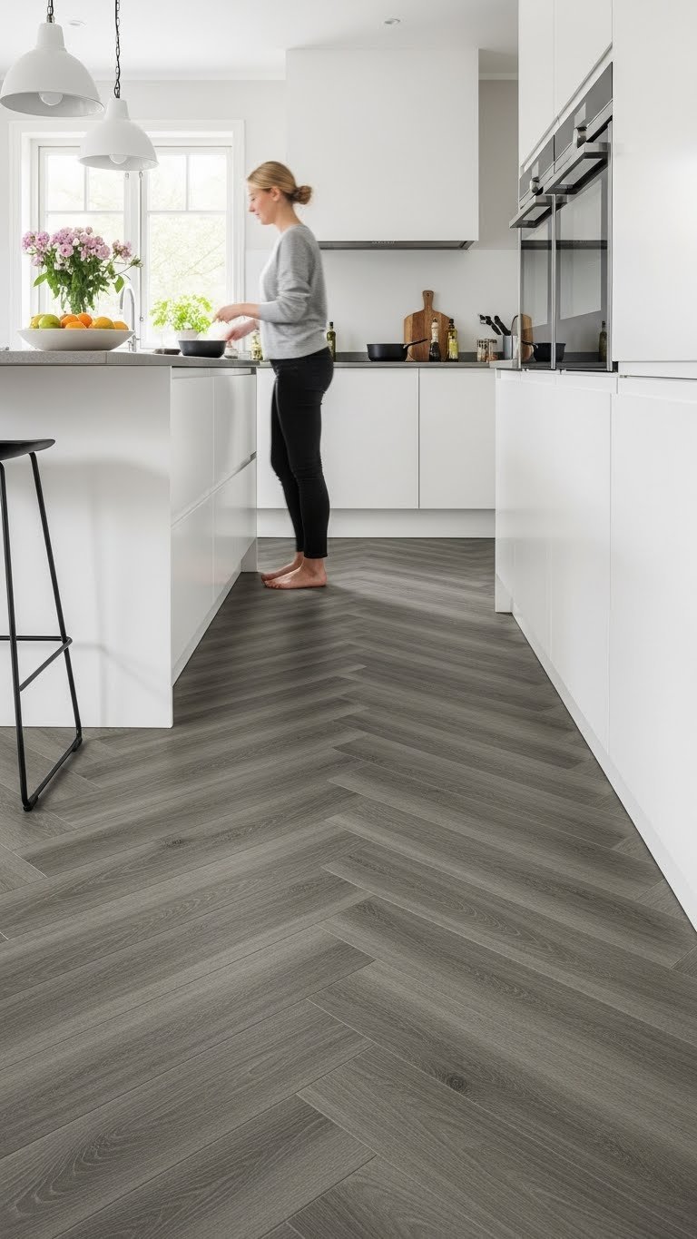 Grey LVT herringbone flooring in modern kitchen with stainless steel appliances and cooking activity in background
