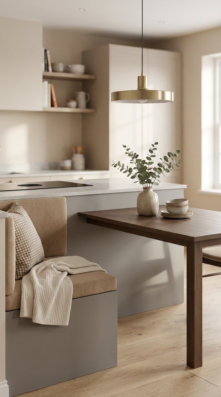 Grey kitchen island with built-in banquette seating and extending table for compact dining solution