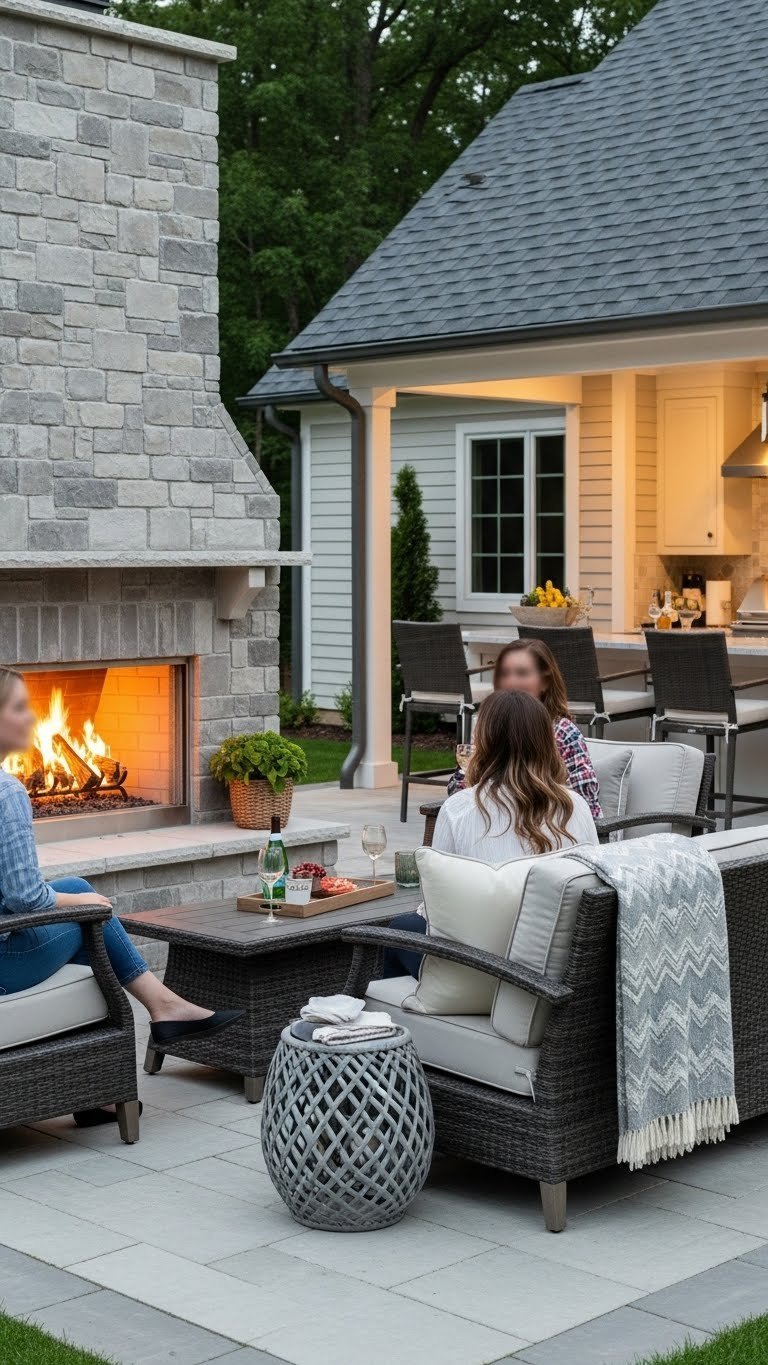 Group gathered around stone outdoor fireplace with plush seating facing fire and visible kitchen bar area