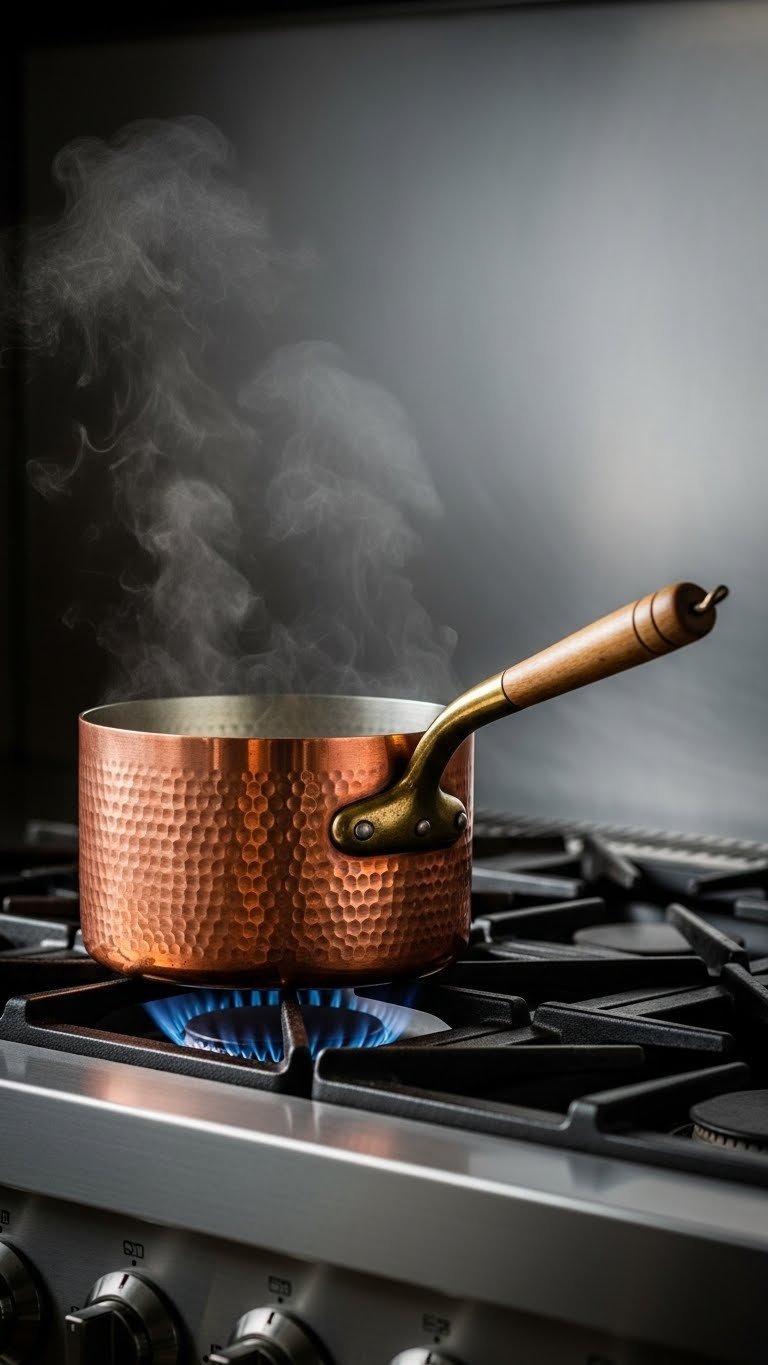 Hammered copper pot with wooden handle on gas stove showcasing warm patina development