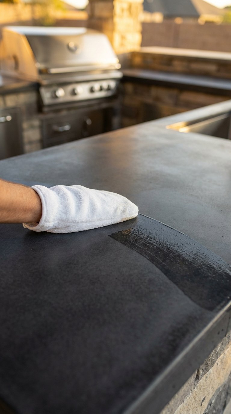 Outdoor Kitchen Concrete Countertops Complete Diy Guide 11 Hand applying clear sealer to dark gray concrete countertop during outdoor kitchen finishing