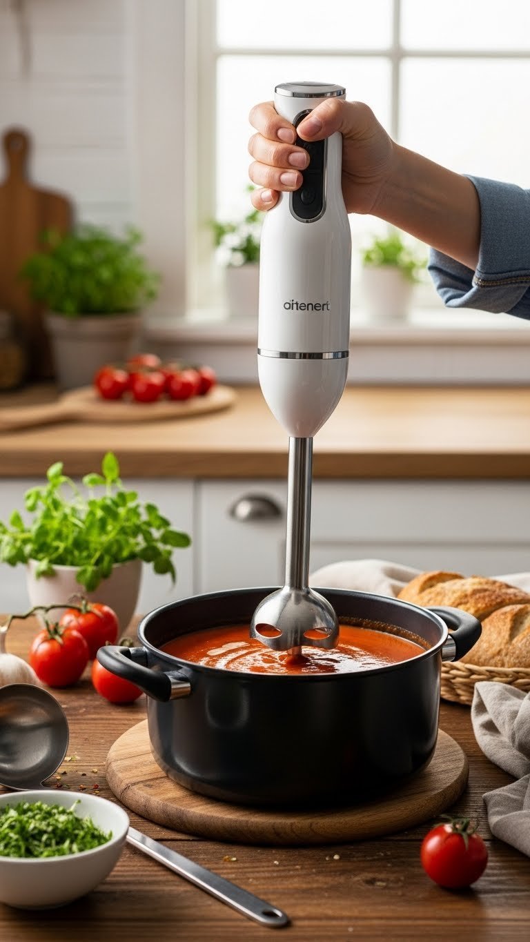 Meesho Kitchen Gadgets: 11 Essential Tools For Smart Cooking 5 Hand blender immersed in vibrant creamy tomato soup creating smooth texture in saucepan on rustic wooden table.