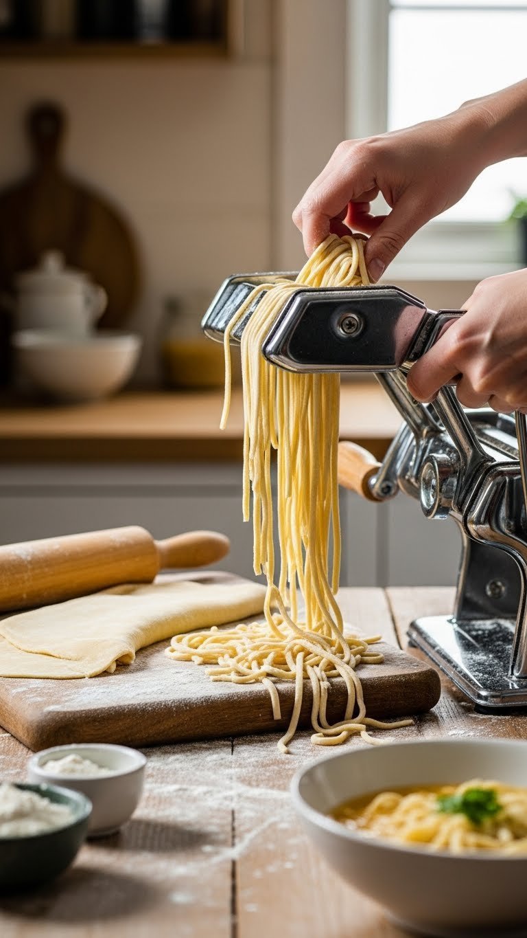 11 Essential Chinese Kitchen Gadgets: Master Authentic Cooking 13 Hand-crank noodle maker clamped to counter producing fresh pasta strands on flour-dusted wooden board