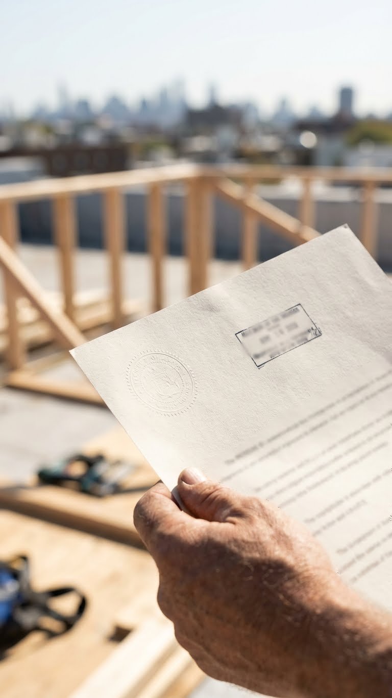 Outdoor Kitchen Rooftop Complete Planning Design Guide 13 Hand holding official building permit against blurred rooftop construction site background showing kitchen framing