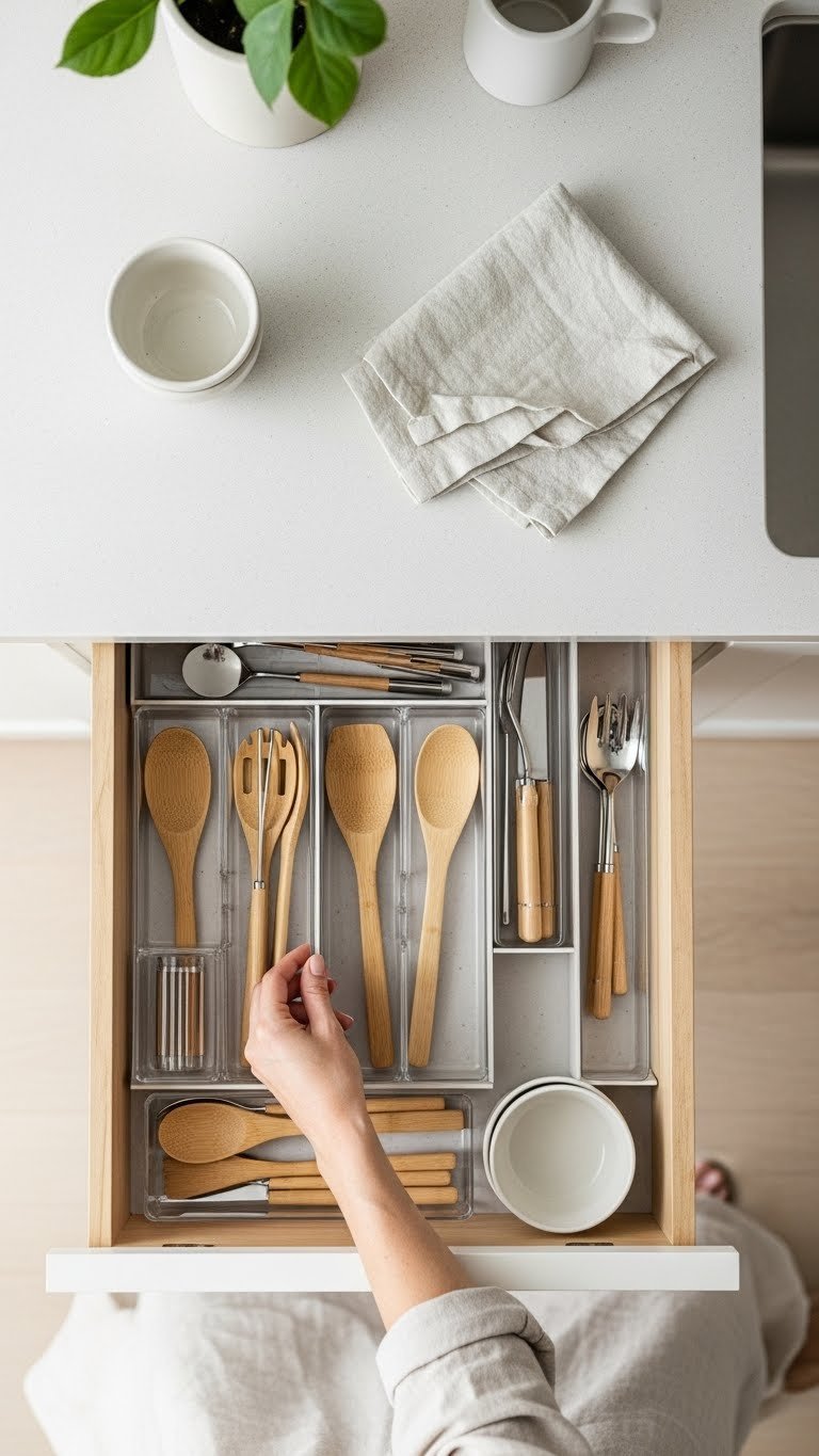 Hand organizing minimalist drawer with matching wooden kitchen utensils and clear dividers