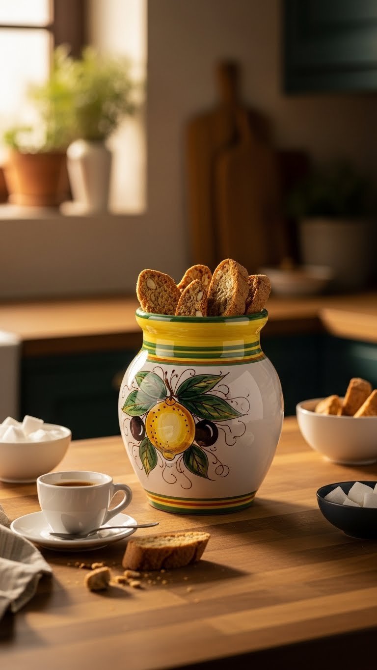 Hand-painted Tuscan ceramic biscotti jar with traditional motifs filled with Italian cookies