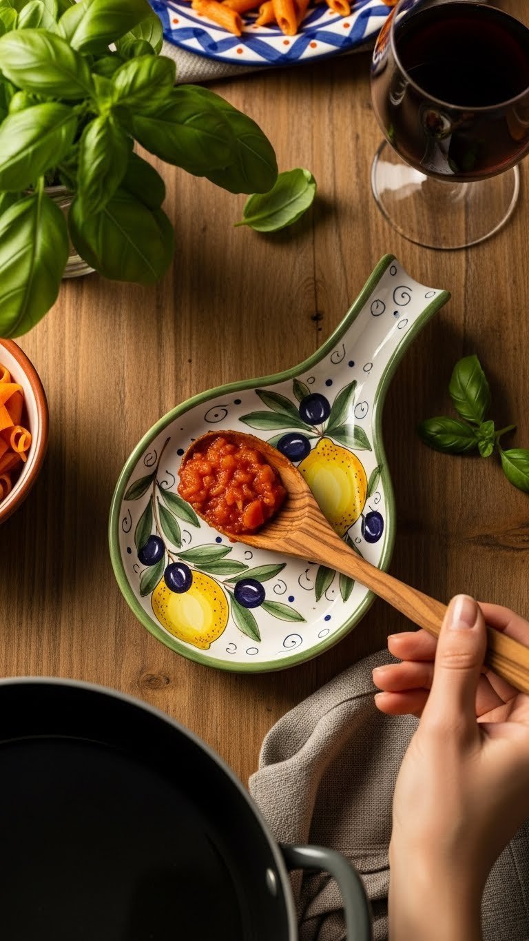 Hand-painted Tuscan ceramic spoon rest with lemon motif holding olive wood spoon and pasta sauce