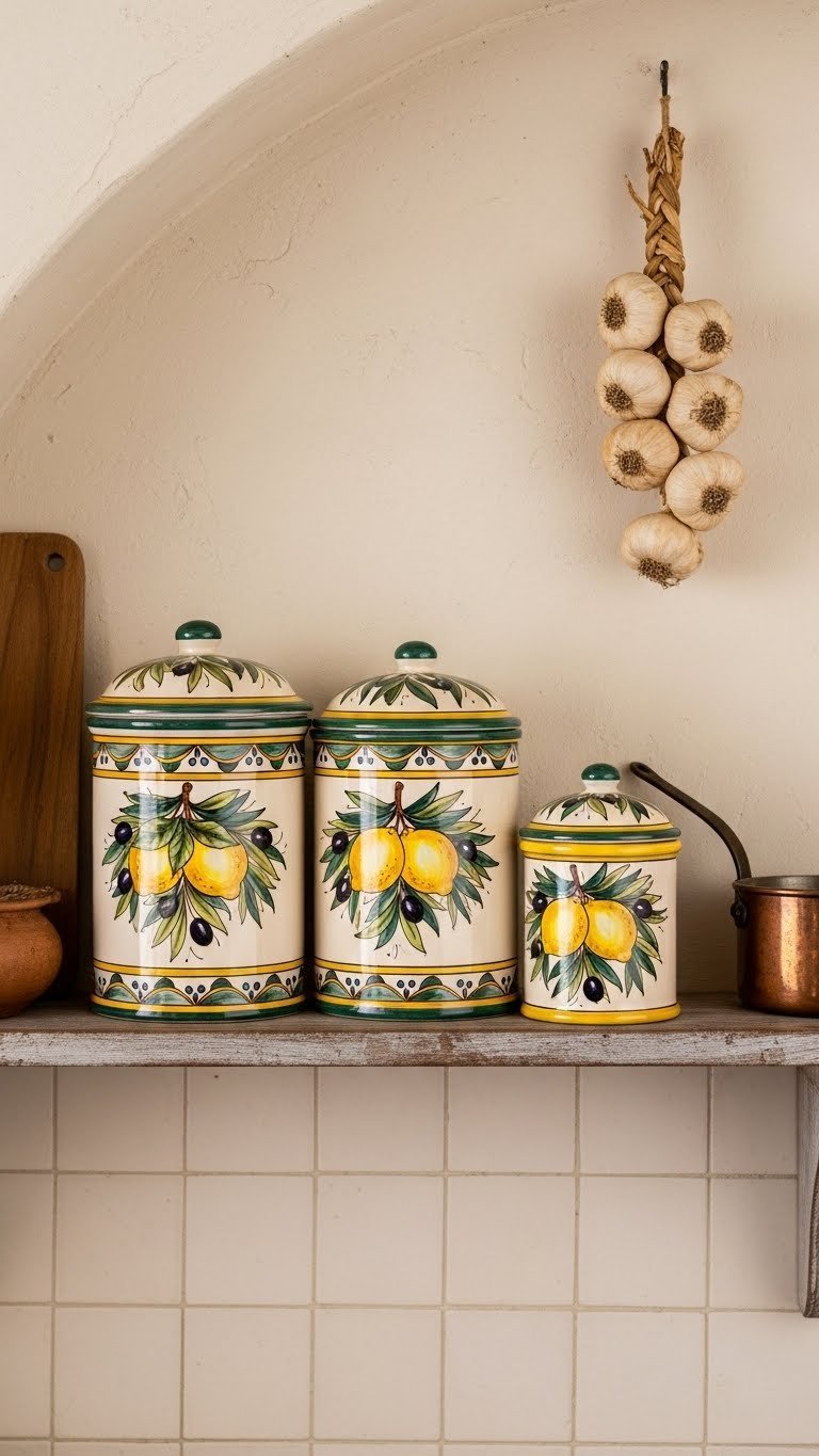 Hand-painted ceramic canisters with Tuscan motifs arranged on distressed wood shelf against warm plaster wall backdrop