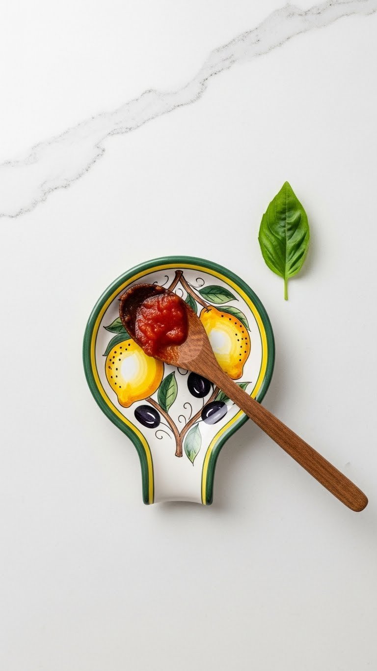 Hand-painted ceramic spoon rest with Tuscan design and rustic wooden spoon on white quartz countertop