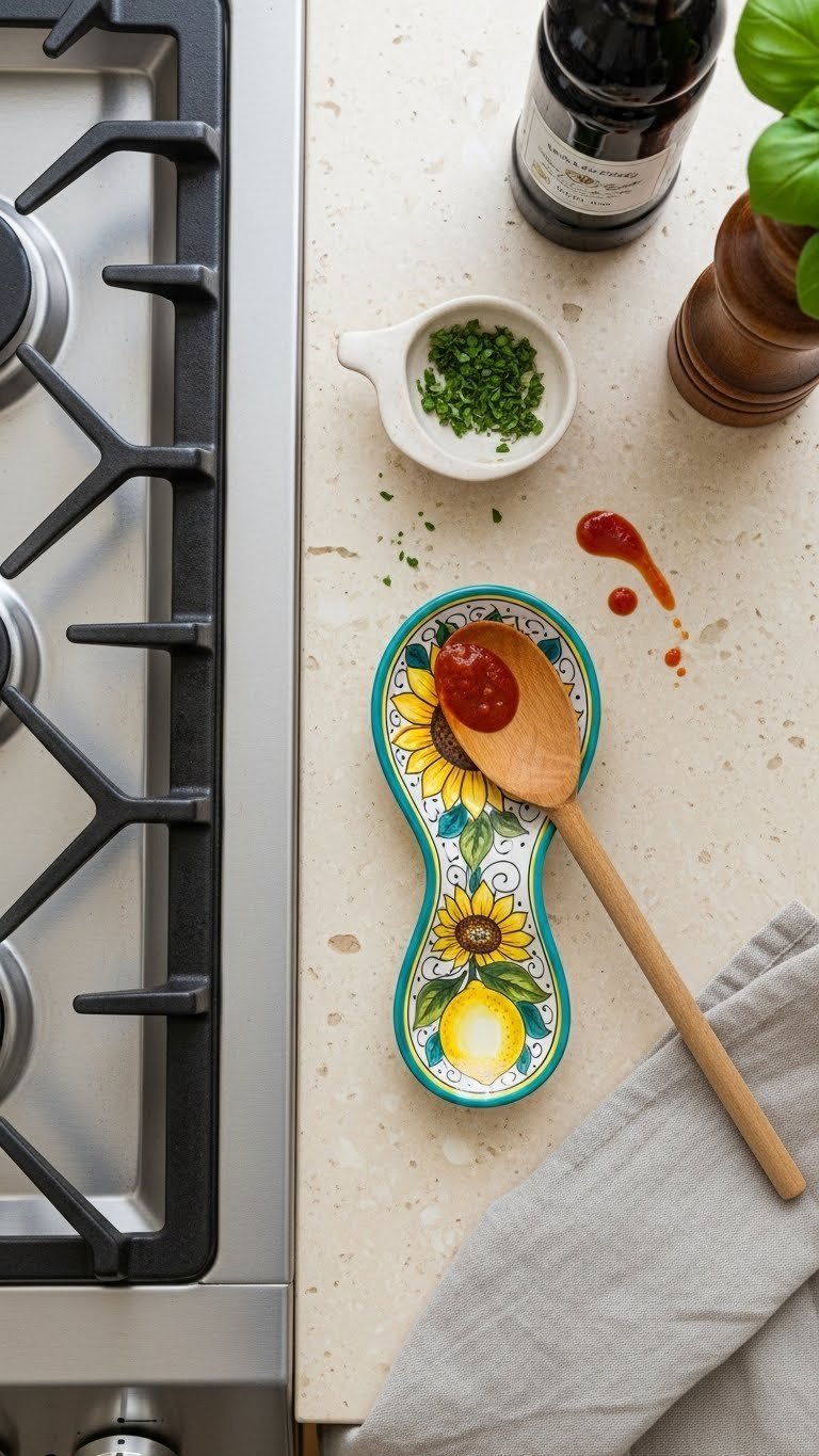 Hand-painted ceramic spoon rest with Tuscan design on warm marble countertop next to stove